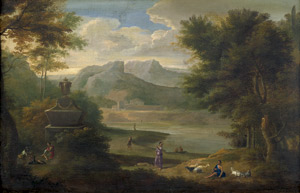 Lot 6060, Auction  101, Französisch, 18. Jh. Arkadische Landschaft mit antiken Monument