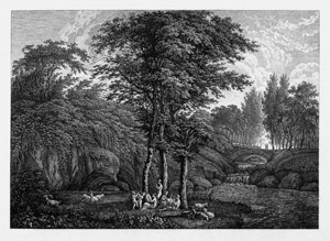 Lot 5341, Auction  103, Kolbe, Carl Wilhelm, Felsige, baumreiche Landschaft mit Hirtenfamilie