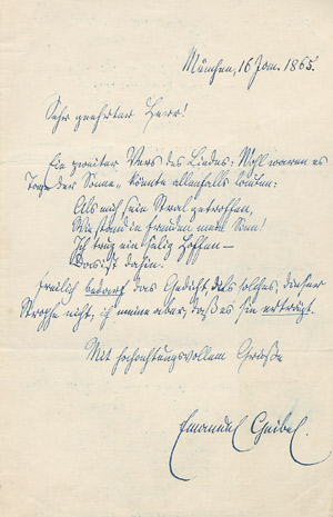 Lot 2229, Auction  105, Geibel, Emanuel, Brief mit Gedicht 1865