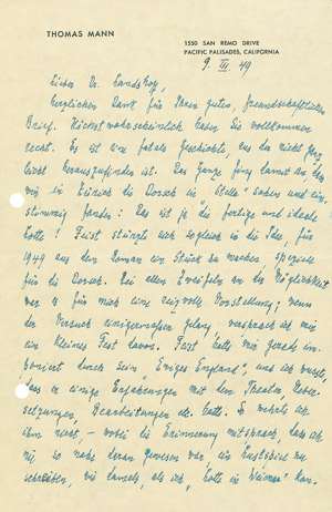 Lot 2107, Auction  106, Mann, Thomas, Brief 1949 an Fritz Landshoff