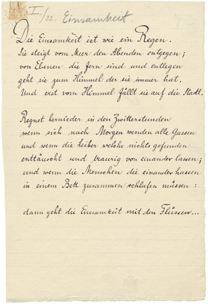 Lot 2122, Auction  106, Rilke, Rainer Maria, Gedichtmanuskript "Einsamkeit"