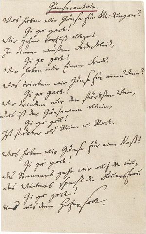 Lot 2188, Auction  110, Hoffmann von Fallersleben, Heinrich, Signiertes Gedichtmanuskript