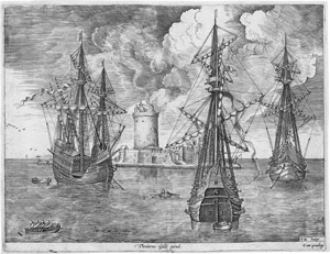 Lot 5049, Auction  110, Brueghel, Pieter d. Ä. - nach, Viermaster und zwei Dreimaster vor Anker bei einer Festungsinsel mit Leuchtturm. 