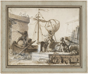 Lot 6443, Auction  110, Niederländisch, 17. Jh. Szene am Hafen mit Fischerknaben