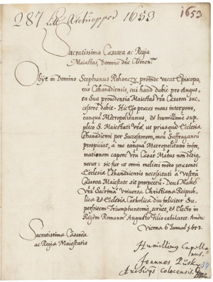 Lot 2274, Auction  111, Püsky, János, Erzbischof von Kalocsa, Brief 1653