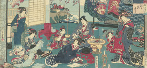 Lot 301, Auction  112, Yoshitora, Stoffbearbeitung. Triptychon mit sieben Damen im Interieur. 