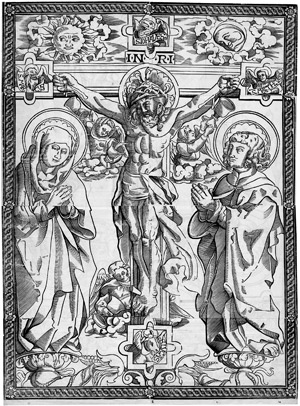 Lot 5056, Auction  112, Deutsch, um 1500. Christus am Kreuz, mit Maria und Johannes der Täufer.