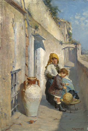 Lot 6220, Auction  112, Zonaro, Fausto, Über den Dächern Neapels: Kleiner Junge beim Kastanien rösten