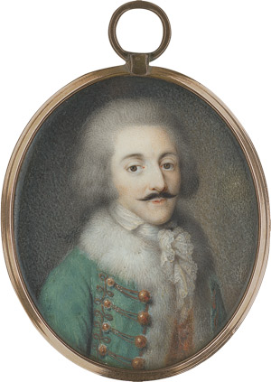 Lot 6879, Auction  112, Österreichisch, um 1770/1780. Bildnis eines schnurbärtigen Husaren in pelzbesetztem grünem Dolman über goldfarbiger Weste mit weißer Halsbinde und Spitzenjabot.