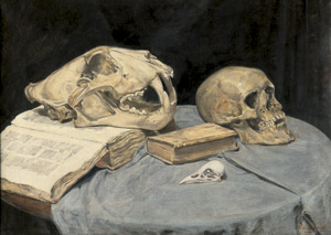 Lot 6393, Auction  113, Baarsel, Pieter Willem van, Stillleben mit Büchern und den Schädeln eines Tigers, eines Menschen und eines Vogels