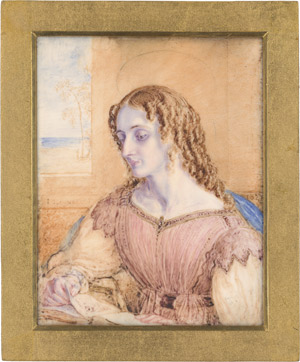 Lot 6576, Auction  113, Linnell, John, Bildnis einer jungen Frau mit goldenem Heiligenschein, angeblich Miss Otway als Heilige Cäcilie, in goldgerändertem rosa Kleid mit langen weißen Ärmeln und blauem Schal, ein Album durchblätternd, vor Fenster mit Aussicht auf Seelandschaft. 