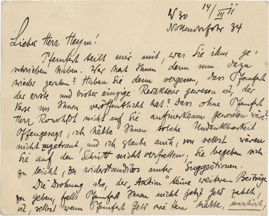 Lot 2604, Auction  115, Hiller, Kurt, Briefkarte an Georg Heym