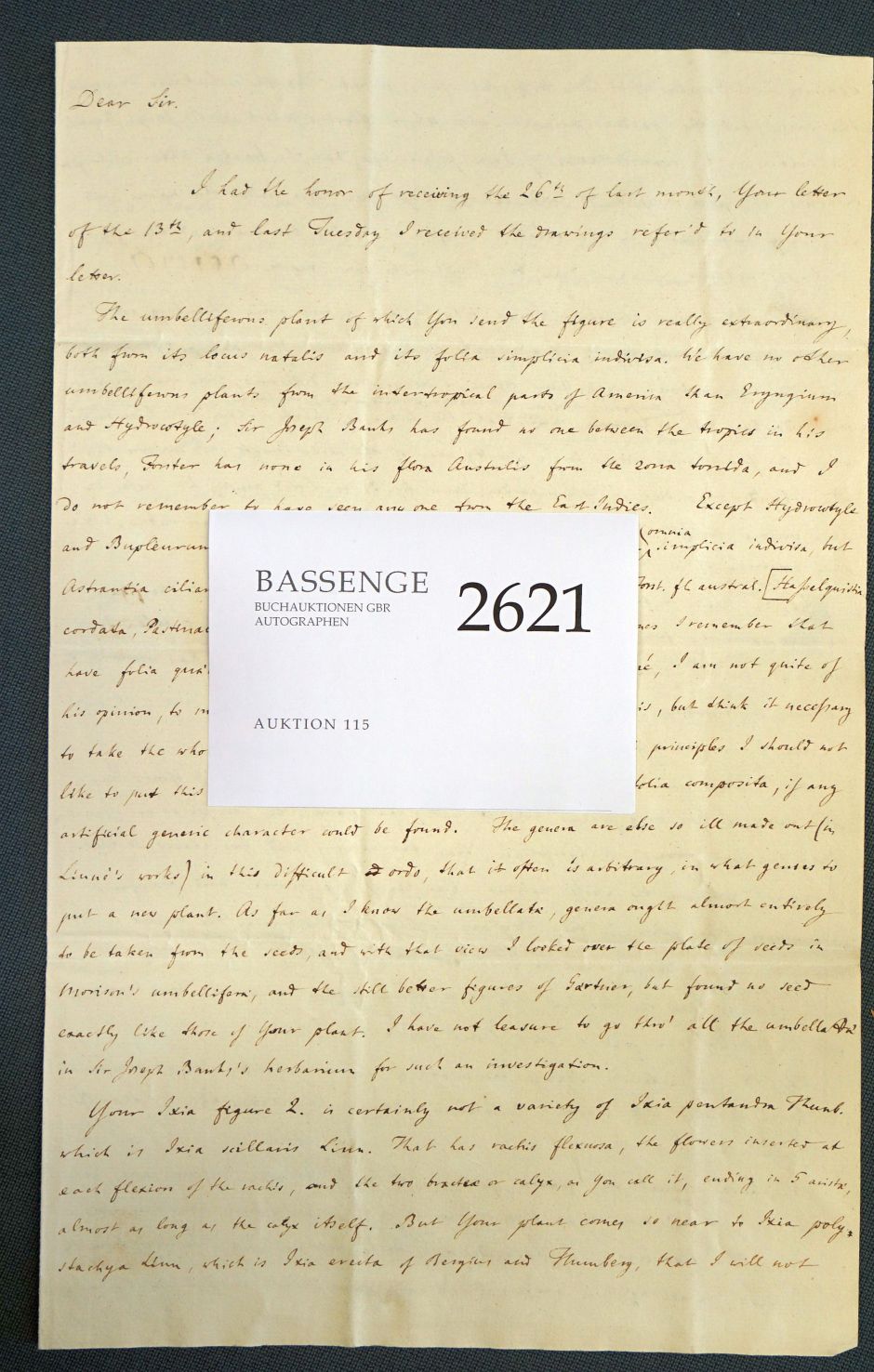 Lot 2621, Auction  115, Dryander, Jonas, Brief 1790 an Jacquin