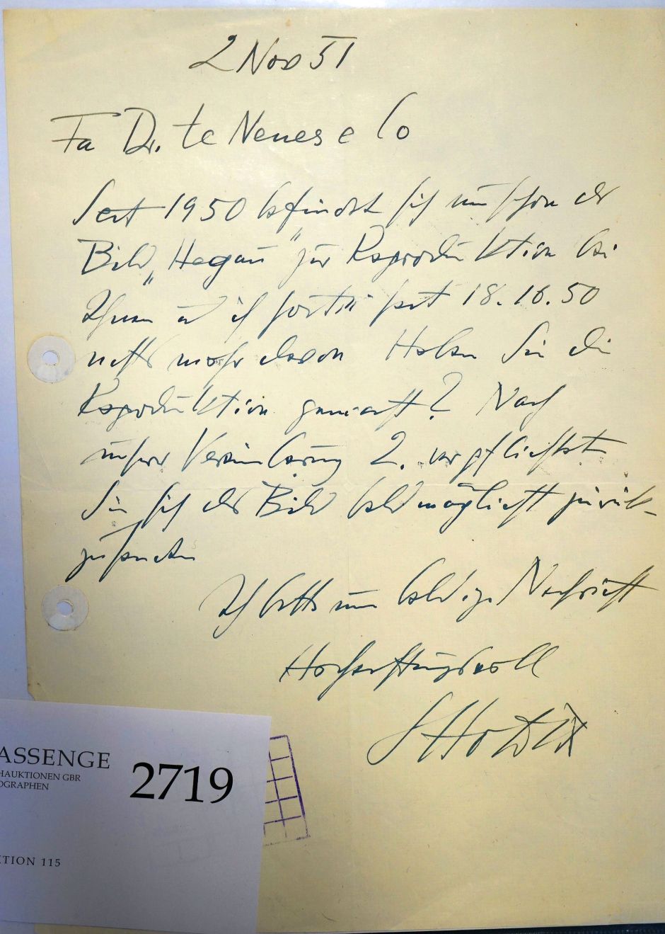 Lot 2719, Auction  115, Dix, Otto, Brief 1951