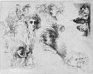 Lot 5260, Auction  115, Fischer, Joseph, Studienblatt mit Köpfen und Lagerfeuerszene