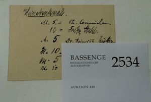 Lot 2534, Auction  116, Heine, Heinrich, Zettel mit Spendern für ein Heine-Denkmal