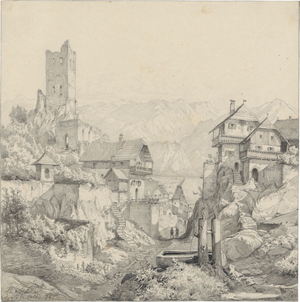 Lot 6339, Auction  116, Müller, H., "Salzburger Gegend": Bergdorf mit Burgruine