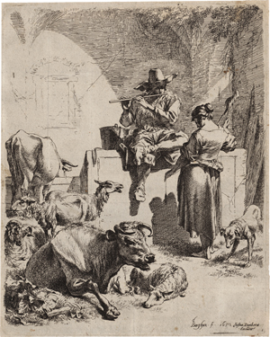 Lot 5444, Auction  117, Berchem, Nicolaes, Der flötespielende Hirte und das Mädchen mit der Spindel