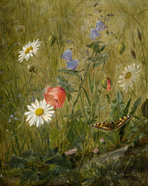 Lot 6140, Auction  117, Hermansen, Olaf August, Wiesenstück mit Mohnblumen, Glockenblume, Margeriten und einem kleinem Fuchs (Aglais urticae)