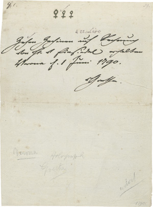 Lot 2318, Auction  120, Goethe, Johann Wolfgang von, Eigenhändige Quittung 1790