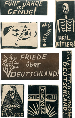 Lot 436, Auction  121, Flugblatt-Klebemarken, Lithographischer Schwarzdruck 19 Antifaschismus-Klebemarken und 6 Flugblätter 