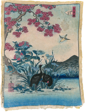 Lot 671, Auction  121, Kacho gafu, Schwarze Rotkopf-Kraniche unter Rotkirsche. Shirimen-e Farbholzschnitt