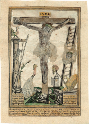Lot 2276, Auction  121, Kreuzigung Christi, Kupferstich-Spickelbild mit Arma Christi, konturbeschnitten und koloriert.