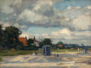 Lot 6134, Auction  121, Deiters, Hans, Strandszene mit Badegästen an einer Sandburg mit Badekarre