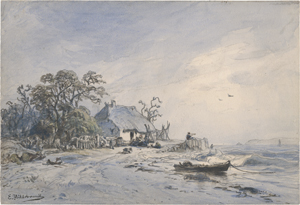 Lot 6800, Auction  121, Hildebrandt, Eduard, Ostseeküste mit reetgedecktem Fischerkaten