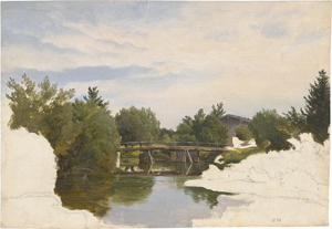 Lot 6815, Auction  121, Crola, Georg Heinrich, Oberbayrische Flusslandschaft mit Holzsteg