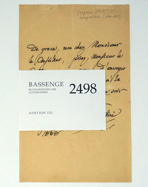 Lot 2498, Auction  122, Spontini, Gaspare, Brief 1838
