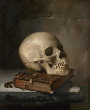 Lot 6113, Auction  122, Französisch, 19. Jh. Vanitasstillleben mit Schädel, Buch und Rosenkranz
