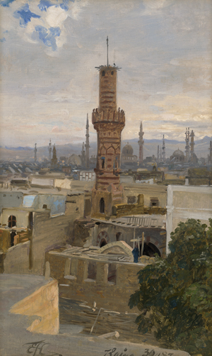 Lot 6150, Auction  122, Koerner, Ernst Carl Eugen, Blick über die Dächer von Kairo mit zahlreichen Minaretten und Moscheen aus dem Sheppard Hotel