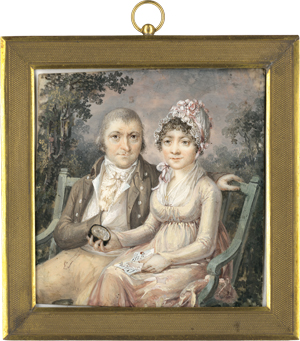 Lot 6539, Auction  122, Französisch, um 1805. Miniatur Portrait eines Paares, auf einer Gartenbank sitzend