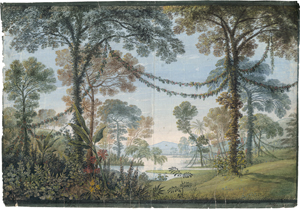 Lot 6722, Auction  122, Schinkel, Karl Friedrich - Umkreis, Girlandengeschmückter Hain am Seeufer - Ausführungsentwurf zum Bühnenbild der Oper "Armida" von Christoph Willibald Gluck 