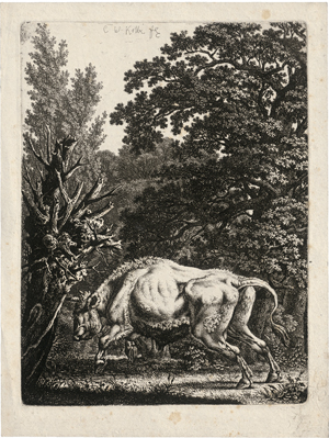 Lot 5231, Auction  123, Kolbe, Carl Wilhelm, Walddickicht, vor dem ein Stier nach links springt