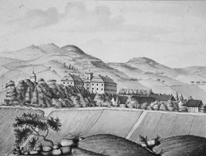 Lot 247, Auction  125, Peterswaldau und Peters. val. ensilézie, Ansicht des Schlosses. Kolorierte Zeichnung. Um 1850