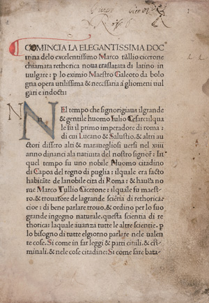 Lot 701, Auction  125, Cicero, Marcus Tullius und Bologna, Guidotto da, Rhetorica ad C. Herennium, Rhetorica nova Il Fiore di rettorica. Venedig, Gabriele di Pietro, um 1472-1473. Erste Ausgabe