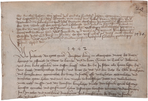 Lot 1016, Auction  125, Friedberger Urkundenbuch, Fragment einer Kopiars mit Abschriften zweier Urkunden. Friedberg in Hessen Mitte 15. Jahrhundert (nach 1442). - Abschriften von Urkunden König Friedrichs IV