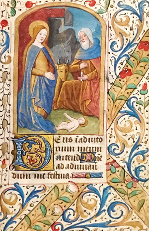 Lot 1020, Auction  125, Geburt Christi, Doppelblatt eines Stundenbuchs. Lateinische Handschrift auf Pergamnt. Nordostfrankreich (um Lille?) ca. 1470.