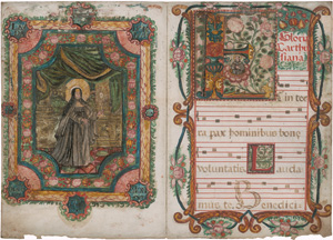 Lot 1041, Auction  125, Sancta Clara, Doppelblatt aus einer spanischen Choralhandschrift. Lateinische Handschrift auf Pergament. Spanien um 1600. Prachtvolle große Heiligendarstellung