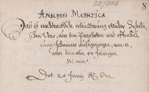 Lot 1048, Auction  125, Analysis Mephtica, Das ist unbedenckliche erleütterung etlicher Sybillischen Vers. Deutsche Handschrift auf Papier. 