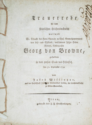 Lot 1755, Auction  125, Wissinger, Jakob, Trauerrede bei dem feierlichen Leichenkondukte weiland Georg von Browne. Mitau, J. F. Steffenhagen, 1792. - Nicht im KVK