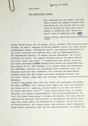 Lot 2037, Auction  125, Mayer, Hans, Typoskript mit Korrekturen. (Wohl um 1975)