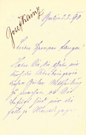 Lot 2156, Auction  125, Kainz, Josef, Brief aus Berlin. 1890