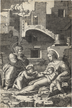 Lot 5181, Auction  125, Raimondi, Marcantonio, Die Hl. Familie mit dem Johannesknaben (La Vierge à la longue cuisse - Die Madonna mit dem langen Schenkel)