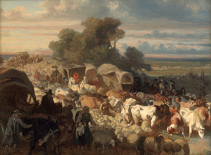 Lot 6088, Auction  125, Deutsch, Mitte 19. Jh. Westwärts: Pioniertreck mit Planwagen und Viehherden