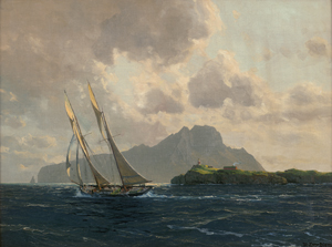Lot 6099, Auction  125, Diemer, Michael Zeno, Zweimaster vor der norwegischen Insel Langedode mit dem Leuchtturm von Bjørnøy