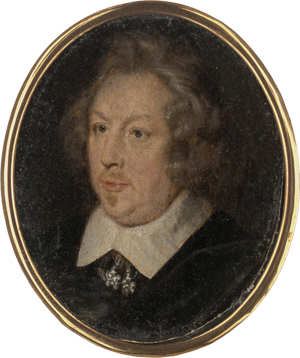 Lot 6312, Auction  125, Niederländisch, um 1630/1640. Miniatur Portrait eines Mannes mit gewelltem grauem Haar, in schwarzem Gewand mit weißem Kragen