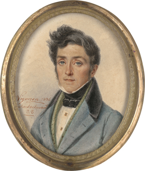Lot 6323, Auction  125, Vigneron, Pierre-Roch, Miniatur Portrait eines jungen Mannes in hellblauer Jacke und grüner Weste